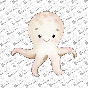 May include: A light pink and beige cartoon octopus with a smiling face and black eyes. The octopus has eight tentacles and is decorated with pink spots.