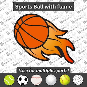 May include: An orange basketball with black lines is on fire. The basketball is on a white background with a repeating pattern of a beaver. Below the basketball is the text "*Use for multiple sports!" and a row of six different sports balls: a green tennis ball, a black and white soccer ball, a white baseball with red stitching, a white golf ball, a yellow softball with red stitching, and a black and white volleyball.