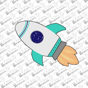 May include: A white rocket with a blue and white striped nose cone, teal wings, and a gray engine. The rocket has a blue circle with white stars on the side. The rocket is on a white background with a repeating pattern of beavers.