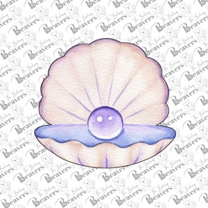 May include: A watercolor illustration of a seashell with a pearl inside. The seashell is open and the pearl is visible. The seashell is painted in shades of pink, purple, and blue.