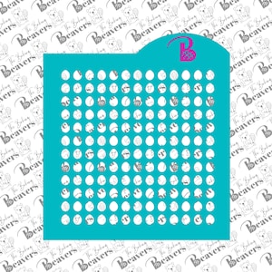 May include: A turquoise blue stencil with a grid of 10 rows and 10 columns of circles. The circles are evenly spaced and are approximately 1/2 inch in diameter.