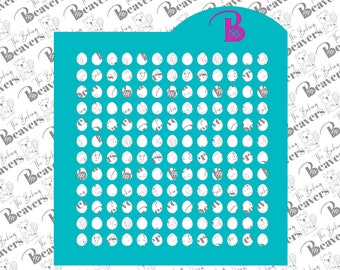 May include: A turquoise blue stencil with a grid of 10 rows and 10 columns of circles. The circles are evenly spaced and are approximately 1/2 inch in diameter.