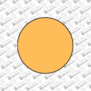 May include: A large, round, orange circle with a black outline. The circle is on a white background with a repeating pattern of gray beavers.