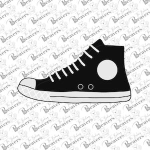 May include: A black high-top sneaker with white laces and a white circle on the side. The sneaker has a white rubber sole with a checkered pattern.