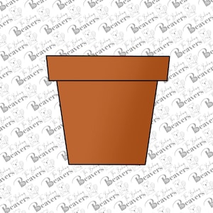 May include: A terracotta-colored cookie cutter in the shape of a square flower pot. The cookie cutter has a rectangular top and a trapezoidal body. The Baking Beavers logo is in the background.