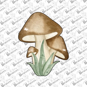 May include: A watercolor illustration of three mushrooms with brown caps and white stems. The mushrooms are growing out of a bed of green grass.