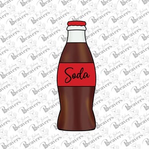 May include: A brown soda bottle with a red label that reads "Soda" in a cursive font. The bottle has a red cap and a white neck. The image is a graphic illustration.