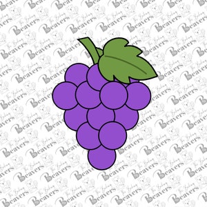 May include: A purple grape cluster cookie cutter with a single green leaf at the top. The design features a series of interconnected circular shapes forming the fruit, with a thick outline and a stem extending from the top of the leaf.