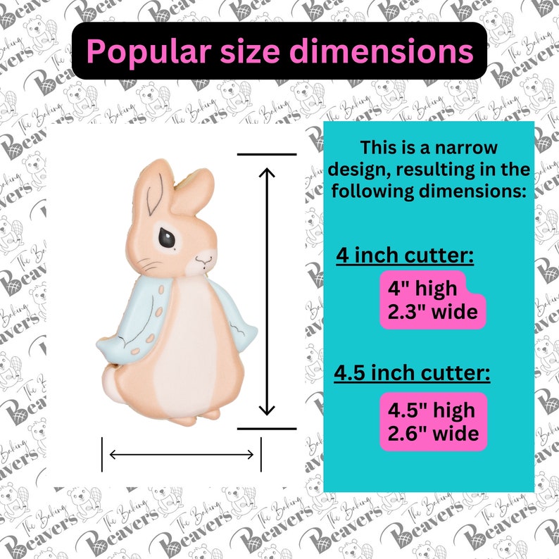 May include: A Peter Rabbit cookie cutter with dimensions displayed. The image shows a bunny-shaped cutter with a light brown body, blue jacket, and pink accents. The text indicates the cutter is available in 4-inch and 4.5-inch sizes.