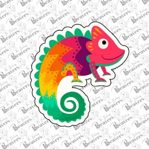 May include: A colorful chameleon cookie cutter with a green, orange, yellow, red, and purple design. The cutter is shaped like a chameleon with its tail curled up.