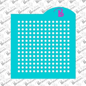 May include: A turquoise blue stencil with a grid of 10 rows and 10 columns of white circles. The stencil is designed for decorating cakes and cookies.