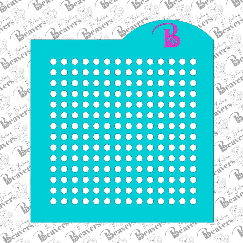 May include: A turquoise blue stencil with a grid of 10 rows and 10 columns of white circles. The stencil is designed for decorating cakes and cookies.