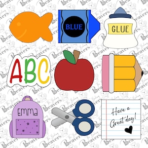 May include: A collection of school-themed cookie cutters. Includes a fish, crayon with "BLUE" text, glue bottle with "GLUE" text, ABC letters, a red apple, a pencil, a backpack with "EMMA" text, scissors, and a notepad with "Have a Great day!" text.