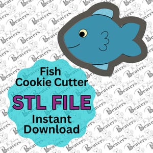 Puede incluir: Un cortador de galletas de pescado azul con un contorno gris. El texto "Fish Cookie Cutter STL FILE Instant Download" está sobre un fondo turquesa.