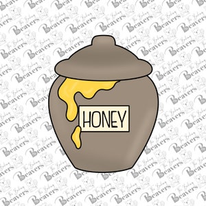 May include: A brown ceramic honey pot with a lid and a label that says "HONEY". The honey is dripping from the pot.