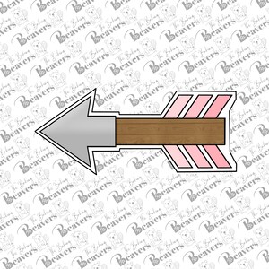 May include: A gray and brown arrow with pink stripes. The arrow is pointing to the left.