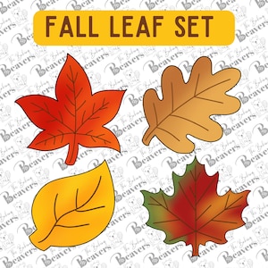May include: A set of four fall leaf cookie cutters. The cutters are in the shapes of a maple leaf, an oak leaf, and two different types of maple leaves. The leaves are in shades of red, orange, yellow, and green.