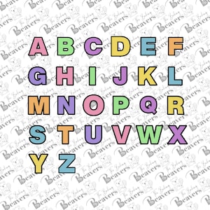May include: A colorful alphabet with each letter in a different pastel color. The letters are outlined in black and are arranged in rows.