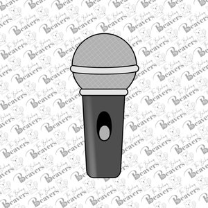 May include: A gray microphone cookie cutter with a rounded top and a dark gray handle. The microphone has a detailed mesh pattern on the top and a small oval detail on the handle. The background features a repeating pattern of the words "The Baking Beavers".