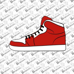 May include: A red and white high-top sneaker with black laces. The shoe is on a white background with a repeating pattern of beavers.