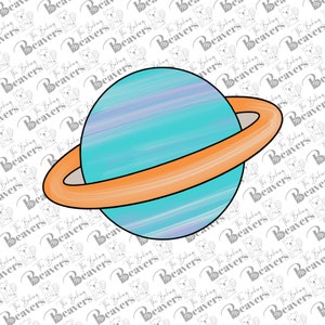 May include: A blue and orange planet with rings. The planet has a light blue and purple swirl pattern. The rings are a bright orange color.