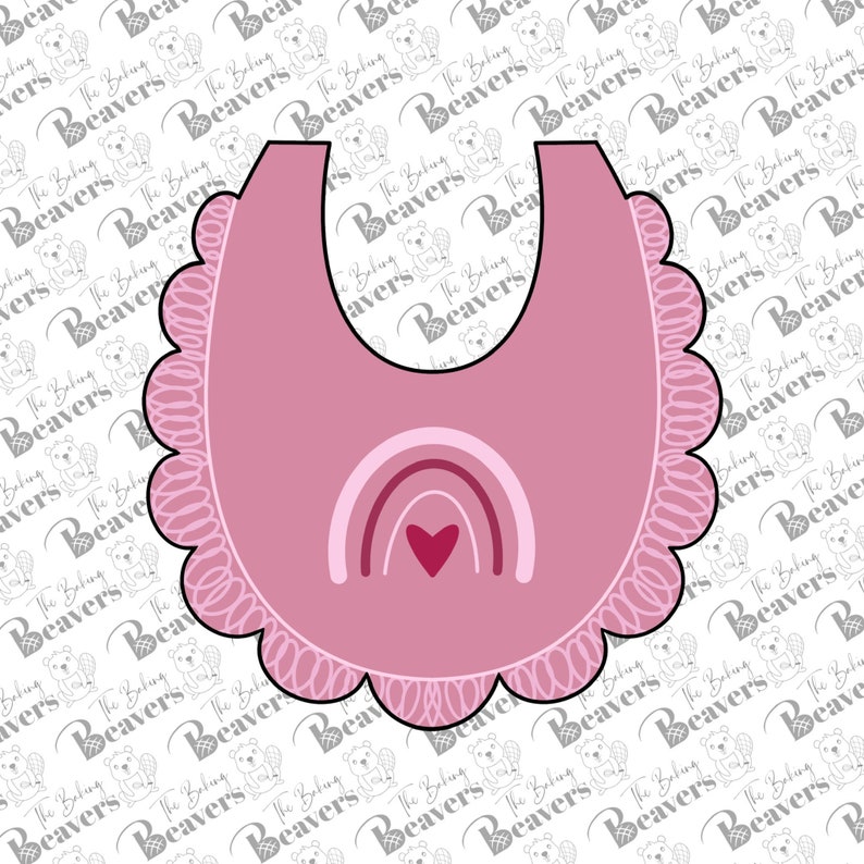 May include: A pink baby bib-shaped cookie cutter with a scalloped edge. The bib features a rainbow design with a heart in the centre. The Baking Beavers logo is in the background.