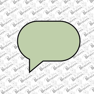 May include: A green speech bubble with a black outline. The bubble is on a white background with a repeating pattern of gray beavers.