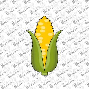 May include: A corn-shaped cookie cutter. The cutter features a yellow corn cob with green husks. The design is a simple outline, ideal for creating corn-shaped cookies or fondant decorations for baking projects.