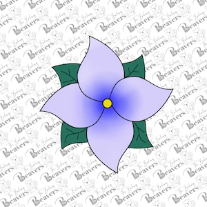 May include: A five-petal flower with a light purple gradient, a yellow center, and green leaves. The flower is isolated on a white background with a repeating pattern of gray beavers.