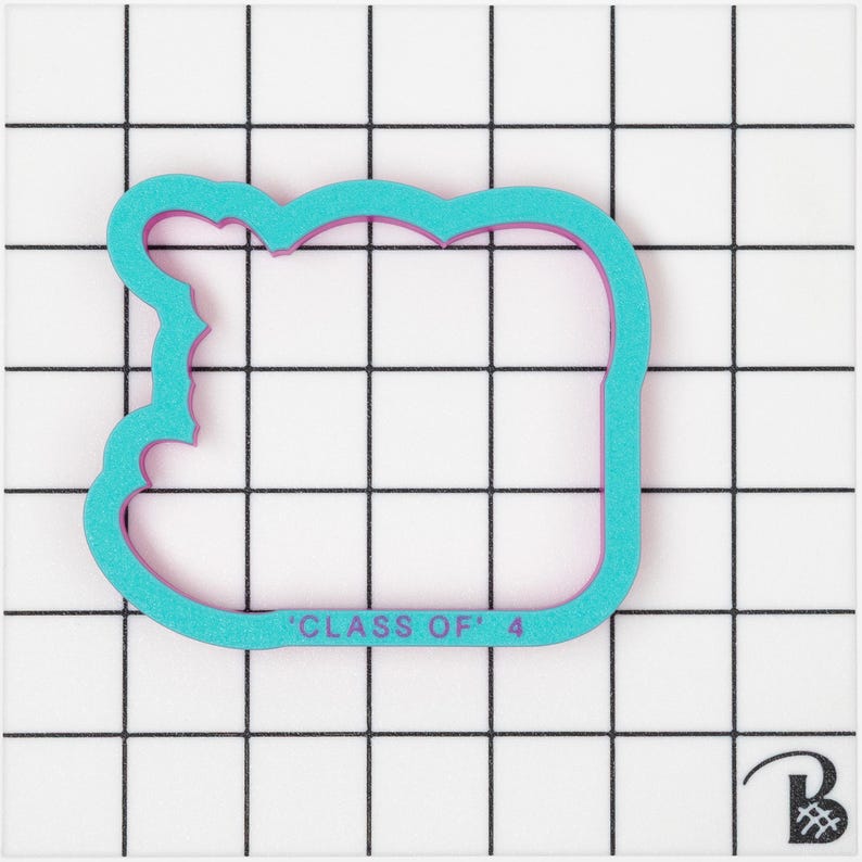 May include: A turquoise blue cookie cutter with a pink outline in the shape of a rectangle with rounded corners. The cookie cutter has the text "CLASS OF" 4 printed on the bottom.