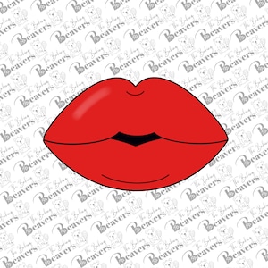 May include: A pair of red lips with a black outline. The lips are closed and have a slight pout.
