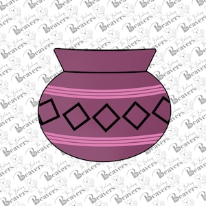 May include: A pink ceramic pot with a wide mouth and a rounded body. The pot has a geometric pattern of black diamonds around the middle.