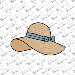May include: A tan sun hat with a wide brim and a light blue ribbon tied in a bow. The hat has a classic design, perfect for sun protection. The hat is a light brown color and has a black outline.