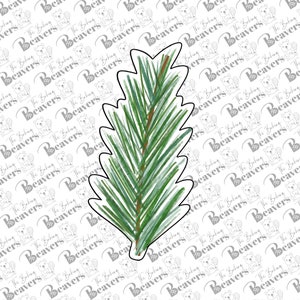 May include: A green pine branch cookie cutter with a brown stem. The cutter is designed to create a realistic pine branch shape for holiday baking.