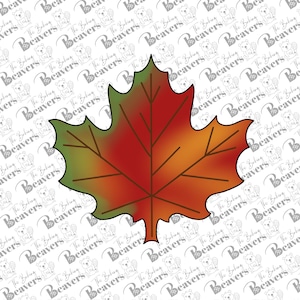 May include: A single, red and green maple leaf with a brown stem. The leaf is outlined in brown and has a gradient of color from green to red.
