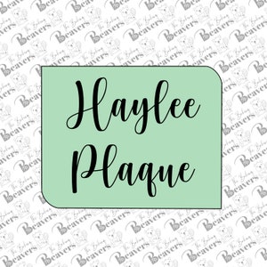 May include: A light green plaque with the text "Haylee Plaque" in black cursive font.