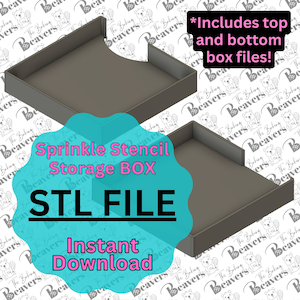 May include: A 3D printed storage box for sprinkle stencils. The box is made of gray plastic and has a square shape. The image includes the text "Sprinkle Stencil Storage BOX" and "STL FILE".