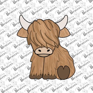 May include: A brown Highland cow with long, shaggy hair sits with its legs crossed and a heart-shaped patch on its side.