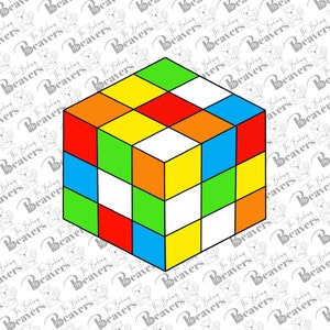 May include: A 3x3 Rubik's Cube with a white center square, red, blue, green, orange, and yellow squares. The cube is in a solved state.