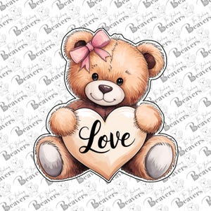 May include: A brown teddy bear holding a heart-shaped sign that says "Love" in black lettering. The bear has a pink bow on its head.