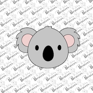 May include: A gray koala with black eyes and a black nose. The koala has pink ears and a white background.