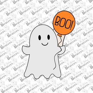 May include: A white ghost holding an orange balloon with the word "BOO!" on it. The ghost has a friendly face with two black eyes and a smiling mouth.