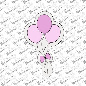 May include: A white cookie cutter shaped like a bunch of balloons with a pink bow. The balloons are pink and white.