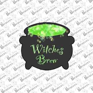May include: A black cauldron with the words "Witches Brew" in a light green script. The cauldron is filled with a bubbly, green liquid. The background is a repeating pattern of a beaver logo.