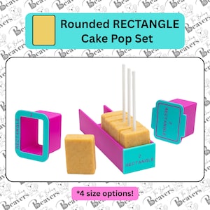 May include: A Rounded RECTANGLE Cake Pop Set featuring bright pink and teal plastic molds. The set includes a rectangular frame, a base with three white sticks inserted into cake pieces, and a matching lid labeled 2 RECTANGLE.
