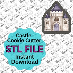 May include: A castle-shaped cookie cutter with a gray outline. The castle has a purple roof and door, and the text "Castle Cookie Cutter STL FILE Instant Download" is displayed on a teal background.