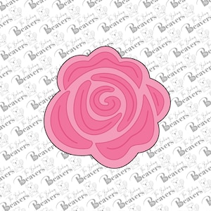 May include: A pink rose cookie cutter with a swirl design.