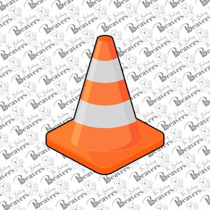 May include: An orange and white traffic cone with a square base. The cone is a safety hazard warning sign.