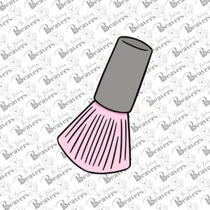 May include: A pink and gray makeup brush with a long handle. The brush has a fan shape and is made of soft bristles.