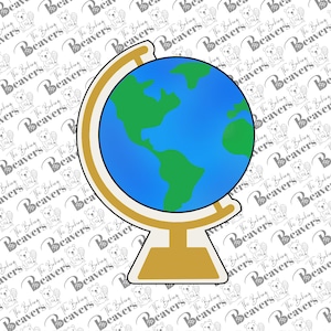 May include: A gold-colored globe with a blue and green map of the world. The globe is on a stand with a gold base.